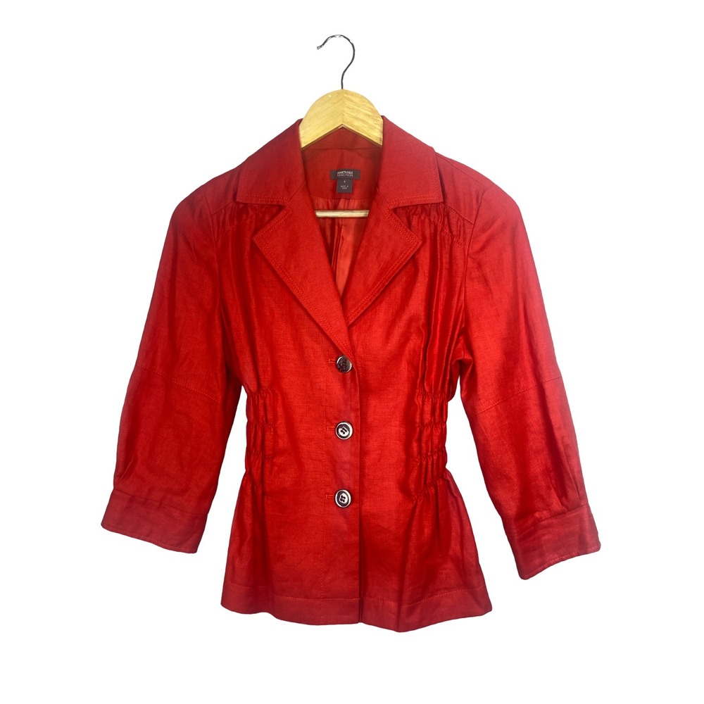 Kenneth Cole Reaction Red 100% Linen Smocked Waist Blazer Jacket Womens 6